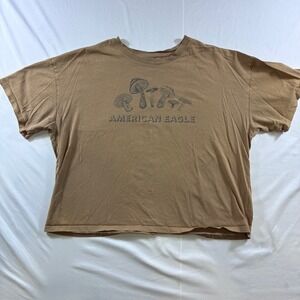 American Eagle Mushroom Graphic T-Shirt Brown Distressed Raw Hem Large